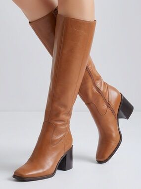 Vince Camuto Sangeti leather tan knee high riding block heeled boots sz 8.5
